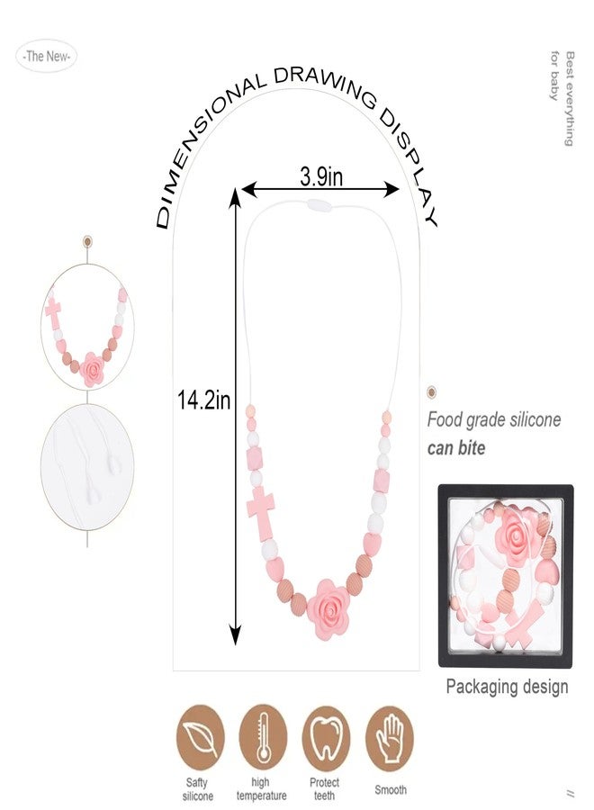 Jissoo Pink Rose Cross Silicone Nursing Necklace - Breastfeeding Supplies, Baptism Party Decorations, Newborn Sensory Necklaces - Image 2